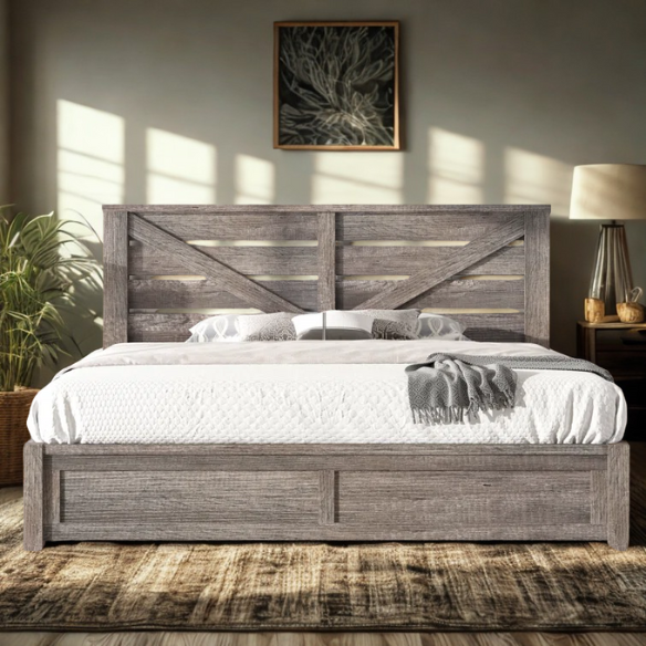 Farmhouse Classic Bed Frame with 49.2" Barn Door-Inspired Headboard, Ample Under-Bed Storage, Sturdy Metal Frame, and Silent Cotton Padding for Peaceful Sleep