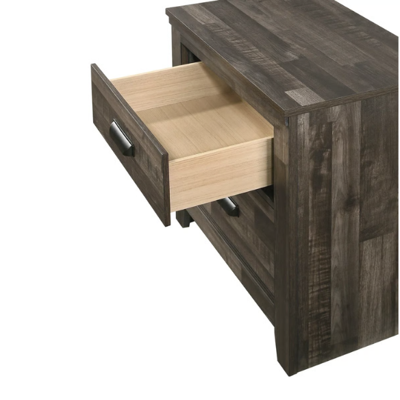 Rustic Dark Grey Weathered 6-Piece Platform Bedroom Set with Bold Black Hardware – Frame-Style Design, Metal-on-Metal Drawer Guides, and Sturdy Construction