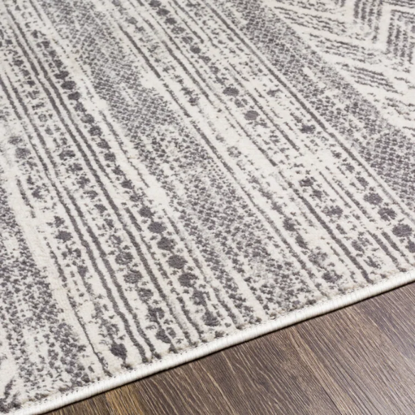 Southwestern-Inspired Geometric Rug – Dark Grey Diamond, Chevron & Dot Patterns on Off-White, Stain-Resistant, Perfect for High-Traffic Areas