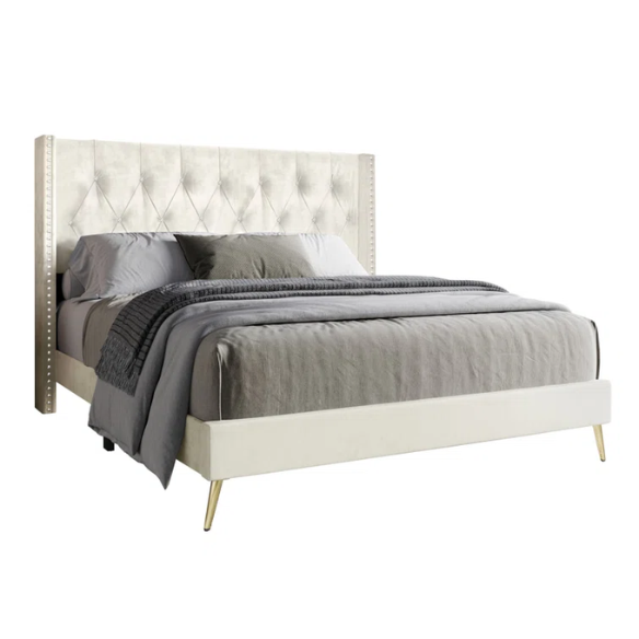 Luxurious King Size Upholstered Wingback Bed with Velvet Upholstery – Elegant Diamond Tufting, Nailhead Trim, Gold-Finished Feet, and Foam-Padded Headboard for Ultimate Comfort and Style