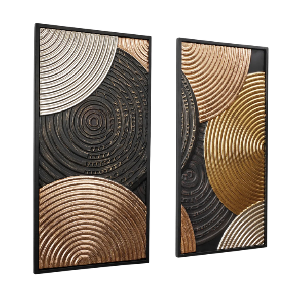 Modern Abstract Metal Wall Art (Set of 2) – Elegant Iron Sculpture with Textured Discs in Gold, Black, Rose Gold, and Gray for Bold, Contemporary Home Decor