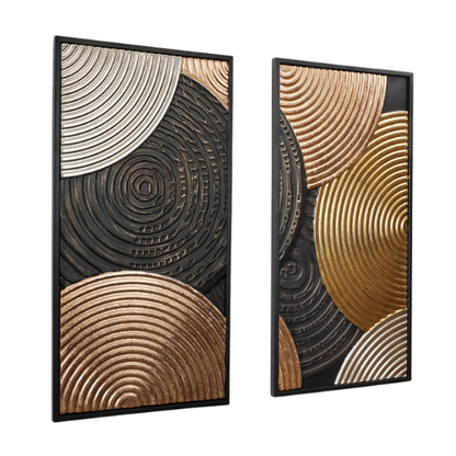 Modern Abstract Metal Wall Art (Set of 2) – Elegant Iron Sculpture with Textured Discs in Gold, Black, Rose Gold, and Gray for Bold, Contemporary Home Decor