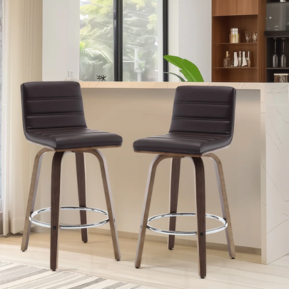 Mid-Century Modern Faux Leather Swivel Counter/Bar Stools – 360° Swivel, Padded PU Leather Seat & Back, Durable Bentwood Legs, Metal Footrest, Supports Up to 440lbs for Home Bar or Kitchen