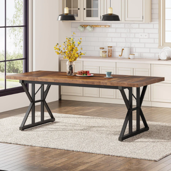 Farmhouse Dining Table for 6-8 People – Rectangular Wood Kitchen Table with X-Shaped Accents, Spacious & Multifunctional for Dining, Office, or Gathering