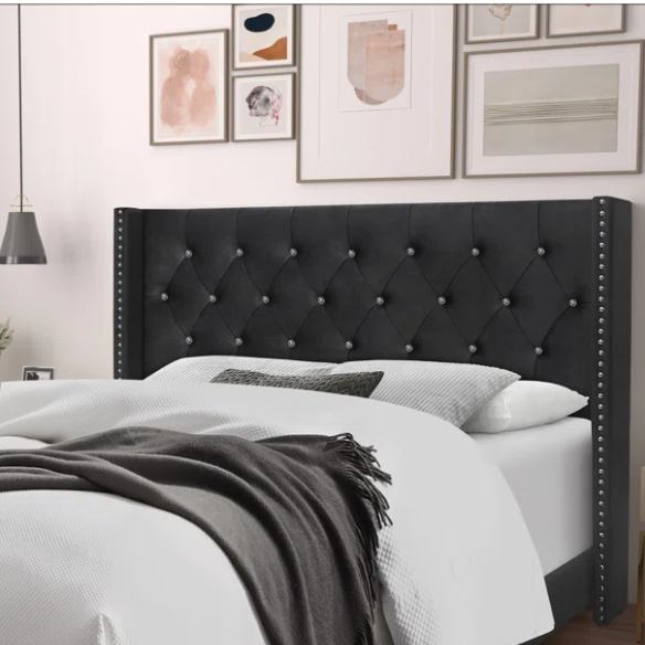 King Size Upholstered Low-Profile Bed with Wingback Headboard, Button Tufting, and Nailhead Trim – Glamorous, Traditional Design with Flared Legs