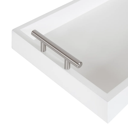 Sleek and Sophisticated Long Rectangular Serving Tray – High Gloss Wood with Polished Metal Handles, Perfect for Entryway, Vanity, or Coffee Table