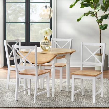 5-Piece Dining Set – Two-Tone Round Table with Drop Leaves & Cross-Back Chairs