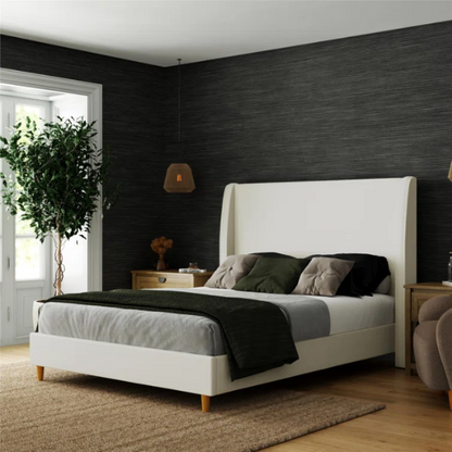 Luxurious Queen Size Upholstered Wingback Bed in Soft Linen Fabric