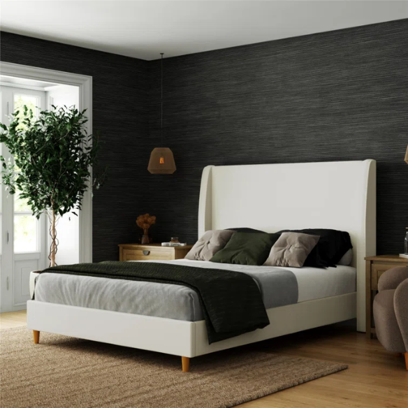 Luxurious Queen Size Upholstered Wingback Bed in Soft Linen Fabric