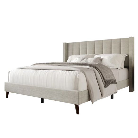 Queen Size Upholstered Wingback Bed with Soft Polyester Fabric – Elegant and Modern Design