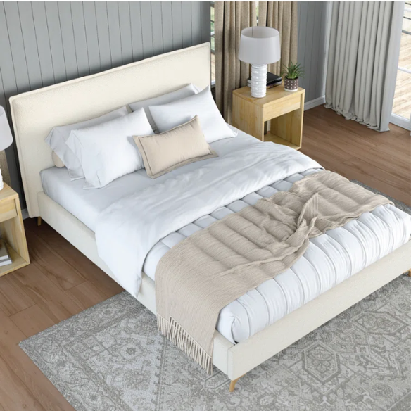 Luxurious King Size Flange-Edge Bouclé Bed Frame with Padded Headboard – Soft, Textured Fabric, Solid Wood Support