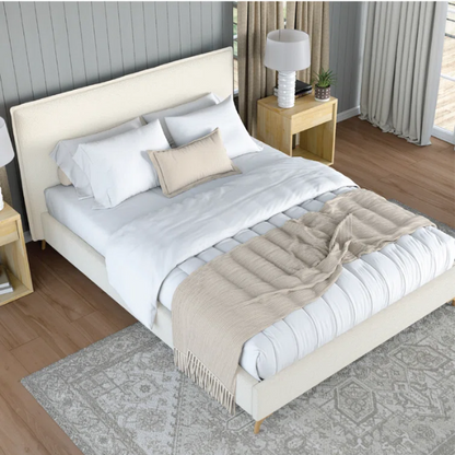 Luxurious King Size Flange-Edge Bouclé Bed Frame with Padded Headboard – Soft, Textured Fabric, Solid Wood Support