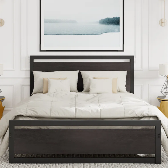 Queen Size Wood and Black Metal Frame Bed with Headboard – Modern Design with Rustic Distressed Wood Accents