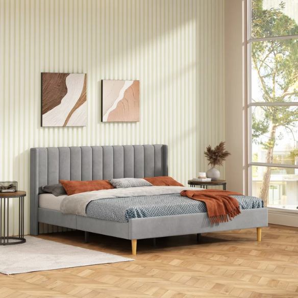 Luxury Corduroy Upholstered King Size Platform Bed Frame - Stylish Modern Wingback Design with Ultimate Comfort