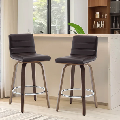 Mid-Century Modern Faux Leather Swivel Counter/Bar Stools – 360° Swivel, Padded PU Leather Seat & Back, Durable Bentwood Legs, Metal Footrest, Supports Up to 440lbs for Home Bar or Kitchen