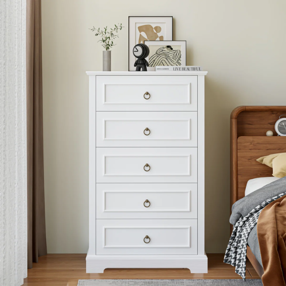 French Country-Inspired 5-Drawer Chest with Metal Ring Handles, Paneled Detailing, and Classic Crown Molding