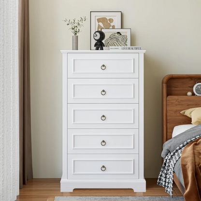 French Country-Inspired 5-Drawer Chest with Metal Ring Handles, Paneled Detailing, and Classic Crown Molding