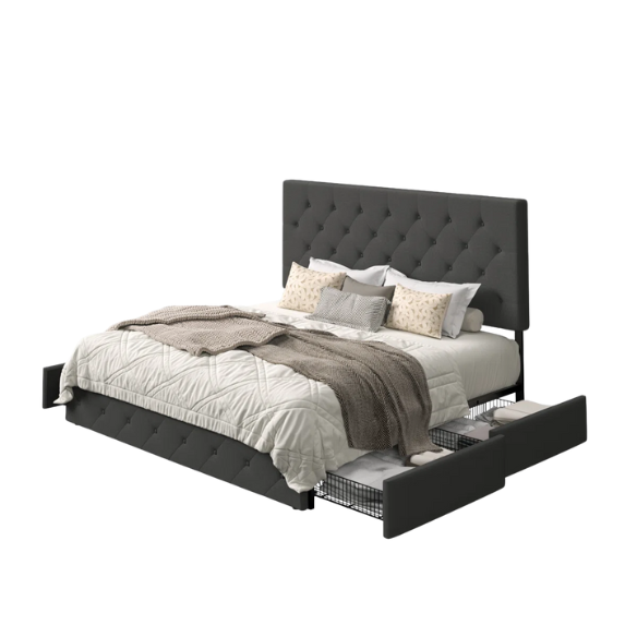 King Size Upholstered Platform Storage Bed with Spacious Drawers, Quiet Structure, and Sleek Minimalist Design