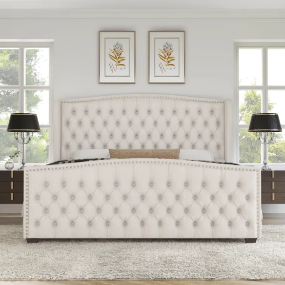 Velvet Queen Size Bed with Button Tufted Upholstery, Nailhead Trim, and Wingback Headboard