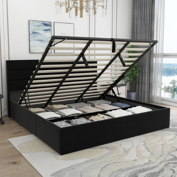 Elegant Hydraulic Lift Upholstered Storage Bed with Wingback Headboard, Linen Fabric, Button-Tufted Detailing, and Ample Under-Bed Storage for Bedding and Seasonal Items
