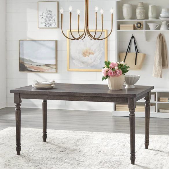 French Country Dining Table – Weathered Grey Finish, Solid Rubberwood & Veneered MDF, Turned Legs for Timeless Farmhouse Charm
