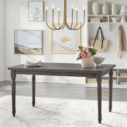 French Country Dining Table – Weathered Grey Finish, Solid Rubberwood & Veneered MDF, Turned Legs for Timeless Farmhouse Charm