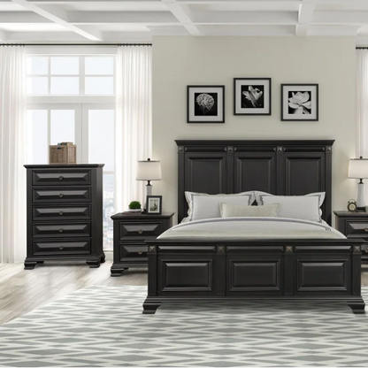 Timeless Vintage Black Wood 6-Piece Traditional Bedroom Set with Double-Panel Bed, Silvertone Accents, and Fluted Pilasters
