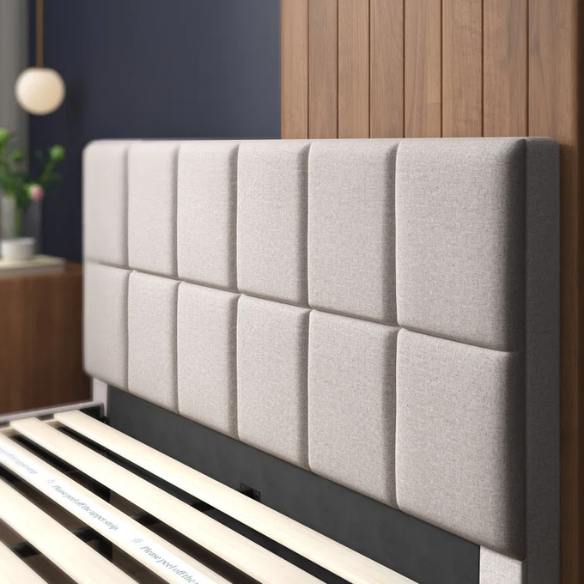 Modern King Size Upholstered Low Profile Platform Bed – Square-Tufted Headboard, Durable Steel Frame