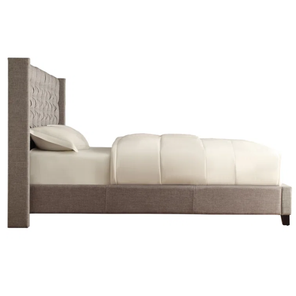 King Size Upholstered Wingback Bed with Linen Fabric, Tapered Legs, and Button Tufted Headboard