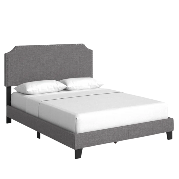 King Size Upholstered Standard Bed with Scooped Corner Headboard, Nailhead Trim, and Tapered Support Feet – Neutral Gray Polyester Fabric