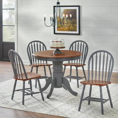 Farmhouse Solid Rubberwood Dining Table with 22-Inch Extension Leaf – Pedestal Base, Seats 6, Available in Oak, Matte Black, White/Natural, Grey/Walnut Finishes