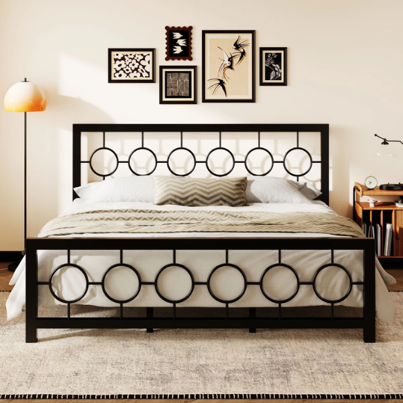 Modern King Size Metal Open-Frame Platform Bed with Art Deco-Inspired Circle Medallion Details – Sleek, Clean-Lined Design with Sturdy Metal Frame and Minimalist Aesthetic