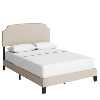 King Size Upholstered Standard Bed with Scooped Corner Headboard, Nailhead Trim, and Extra Support Feet – Classic Design with Adjustable Base Compatibility