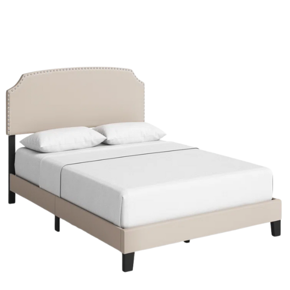 King Size Upholstered Standard Bed with Scooped Corner Headboard, Nailhead Trim, and Extra Support Feet – Classic Design with Adjustable Base Compatibility