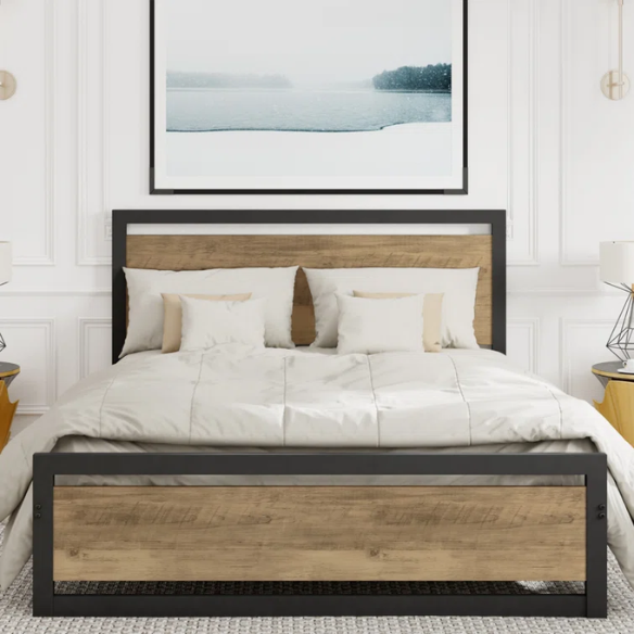 Queen Size Wood and Black Metal Frame Bed with Headboard – Modern Design with Rustic Distressed Wood Accents