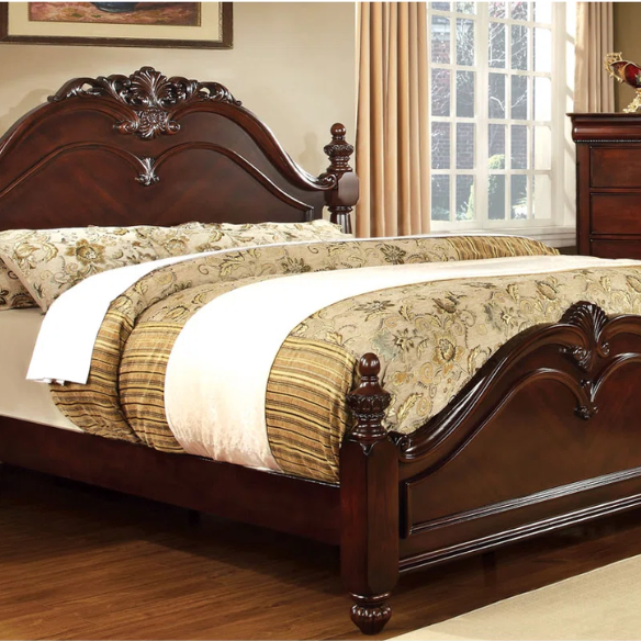 Traditional Elegance 4-Piece Queen Bedroom Set in Cherry Brown with Carved Accents, Camelback Bed, Nightstand, Dresser, and Mirror