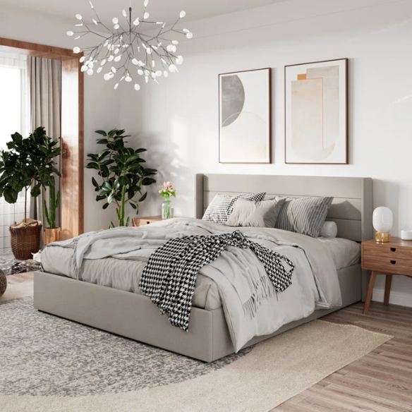 Modern King Size Upholstered Platform Bed with Hydraulic Lift Storage – Sleek Grooved Headboard, Space-Saving Design, and No Box Spring Needed