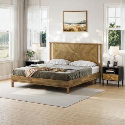 Solid Wood Platform King Size Bed with Headboard – Rustic Wood Frame with Steel Reinforcement for Ultimate Stability and Comfort