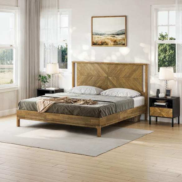 Solid Wood Platform King Size Bed with Headboard – Rustic Wood Frame with Steel Reinforcement for Ultimate Stability and Comfort