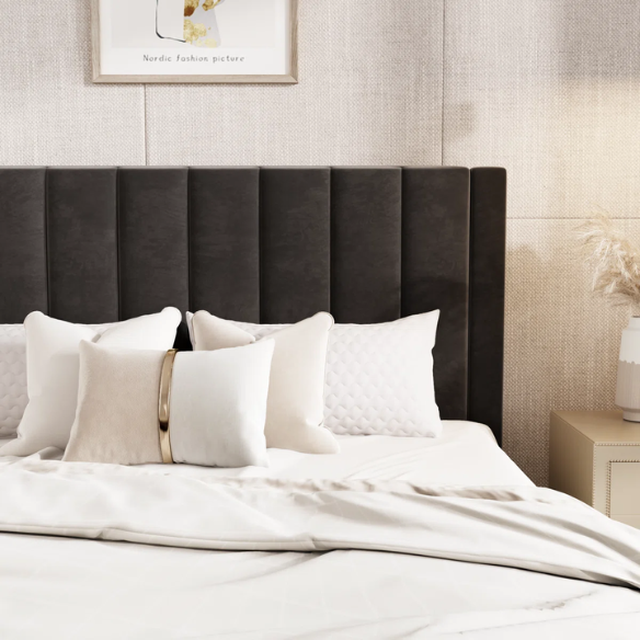Luxurious Upholstered Platform Bed – Full/Double Size with Velvet Upholstery and Striped Headboard for Elegant Comfort