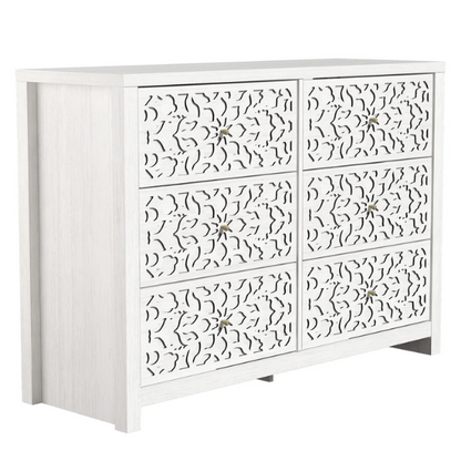 Boho-Inspired 45.4" 6-Drawer Dresser with Distressed Finish and Openwork Floral Details