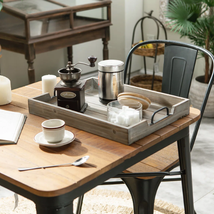 Rustic Wooden Coffee Table Tray with Handle Slots – Farmhouse-Inspired Accent for Stylish Organization and Decor