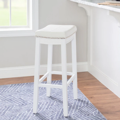 Backless Upholstered Counter Stool – Sturdy Wood Frame, Faux Leather Seat with Nailhead Trim & Double-Needle Stitching for Stylish and Durable Seating