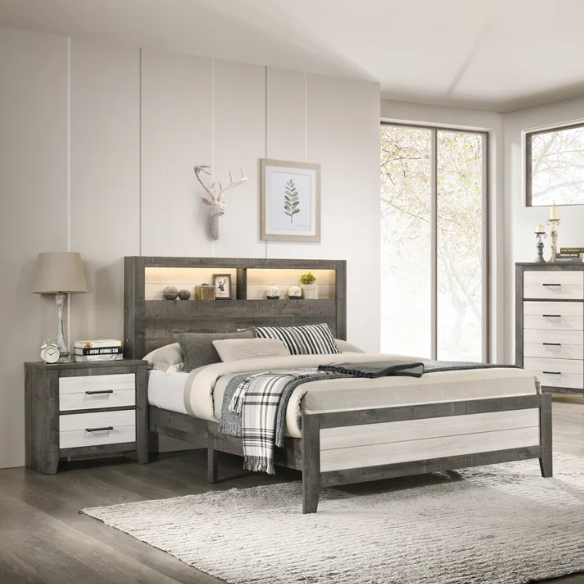 Stylish 6-Piece LED Platform Queen Bedroom Set in Cream and Brown – Modern Elegance with Ambient Lighting