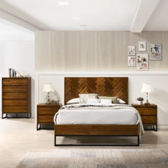 Industrial Mid-Century Modern Platform Bedroom Set with Herringbone Design Headboard – Stylish and Versatile