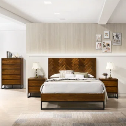 Industrial Mid-Century Modern Platform Bedroom Set with Herringbone Design Headboard – Stylish and Versatile