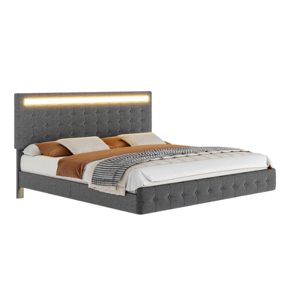 Queen Size LED Lit Platform Bed with Tufted Headboard – Modern and Stylish Design