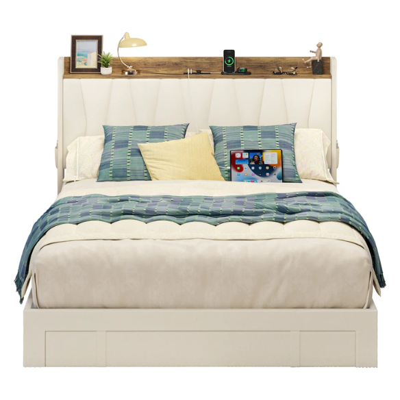 Upholstered Full/Double Bed Frame with 3 Drawers, Storage Headboard & Built-In Charging Station – Stylish & Functional Design
