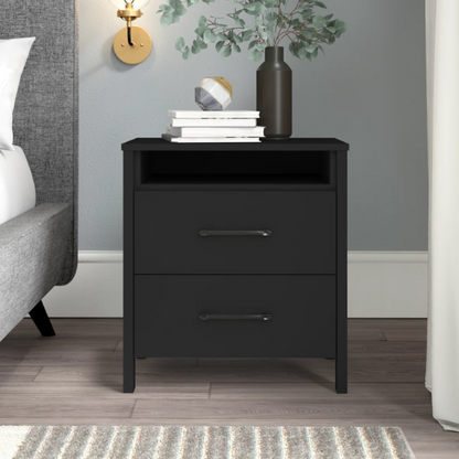 22.7" 2-Drawer Nightstand – Space-Saving Modern Minimalism, Engineered Wood with Clean-Lined Silhouette, Neutral Finish, Open Cubby & 2 Spacious Drawers for Bedroom Storage, Ideal for Tech & Accessories