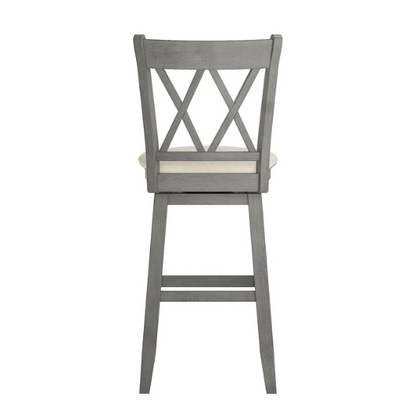 Double X Back Wood Swivel Bar Stool – Vintage Charm with Upholstered Linen Seat Cushion, Swivel Function, and Distressed Finishes for Elegant Bar or Counter Seating